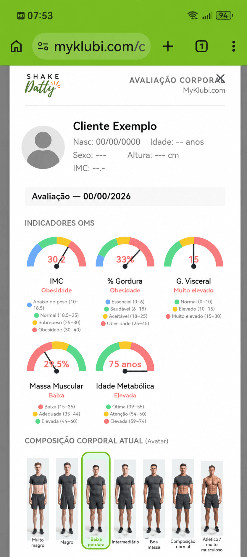 Resultado da avaliação corporal com cliente de exemplo e indicadores visuais