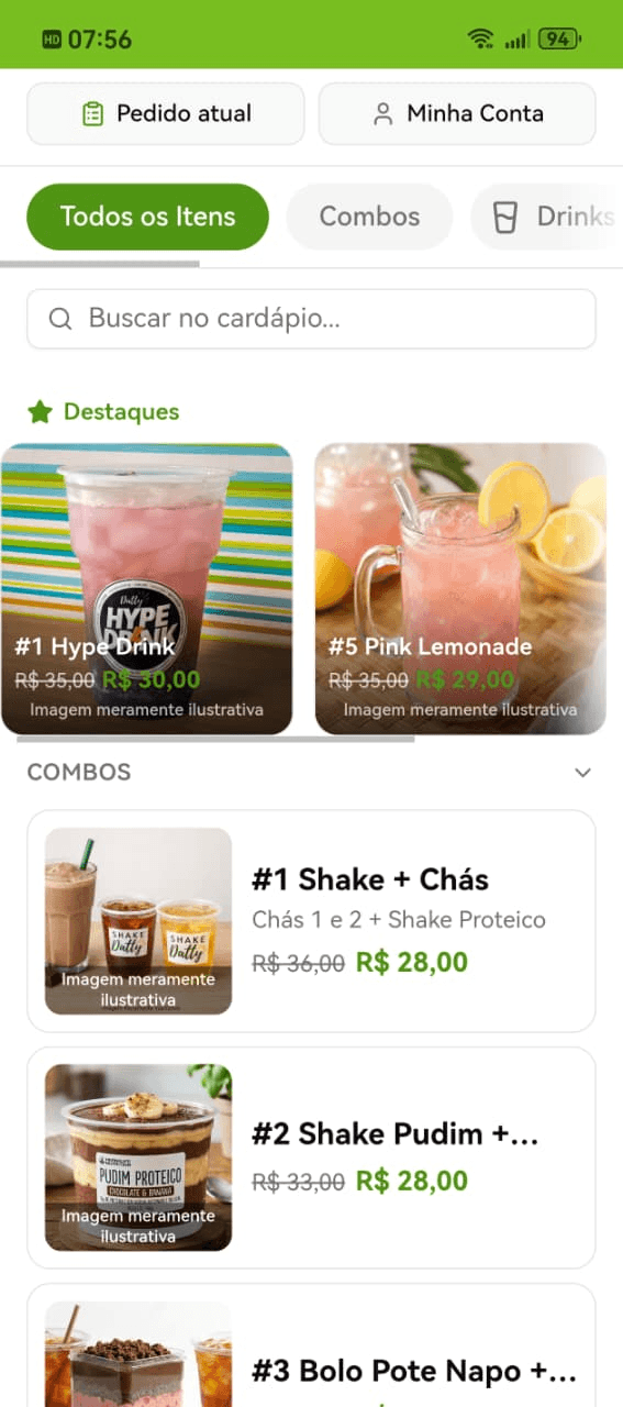 Página de pedidos myKlubi com fotos de produtos, aberta no celular